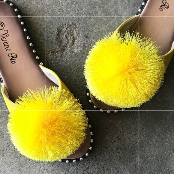 RESTOCK! Fun Yellow Pom Stud Slide On Padded Mule Sandals - Picture 8 of 15